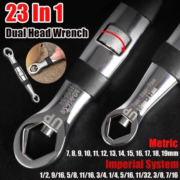 Universal Dual-Head 23-in-1 Adjustable Wrench - Metric & Imperial, 7-19MM Ratchet Spanner - Image 2
