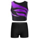 Girls Dance & Gymnastics Outfit - Sleeveless Shiny Rhinestone Crop Top with Shorts - Image 5