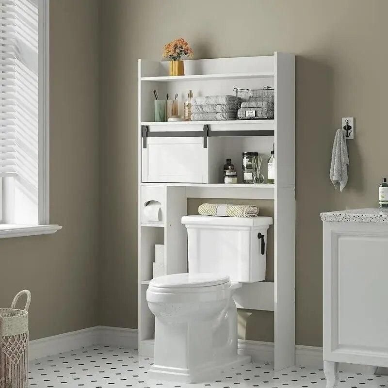 53577-7bb371.jpeg Elegant White 6-Tier Over-The-Toilet Storage Cabinet with Sliding Barn Door - Image 1