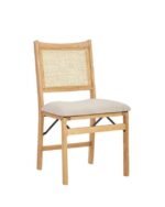 Elegant Natural Wood and Rattan Folding Chair with Upholstered Beige Seat - Image 2