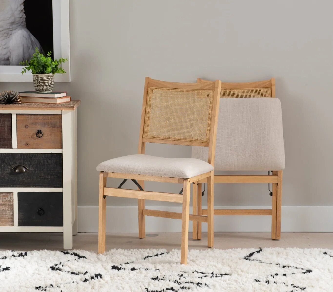 62221-5a9652.jpg Elegant Natural Wood and Rattan Folding Chair with Upholstered Beige Seat - Image 1