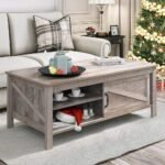 Rustic Gray Wood Coffee Table with Sliding Door and Adjustable Shelf - Image 6