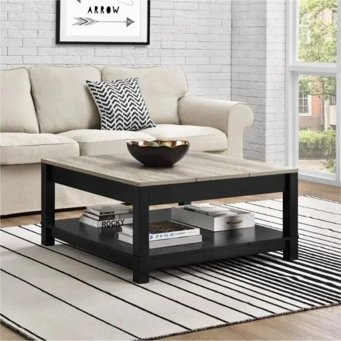 Elegant Matte Black Coffee Table with Woodgrain Top - Image 1