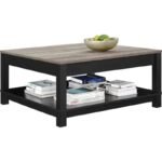 Elegant Matte Black Coffee Table with Woodgrain Top - Image 4