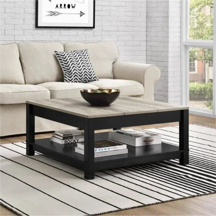 Elegant Matte Black Coffee Table with Woodgrain Top - Image 2