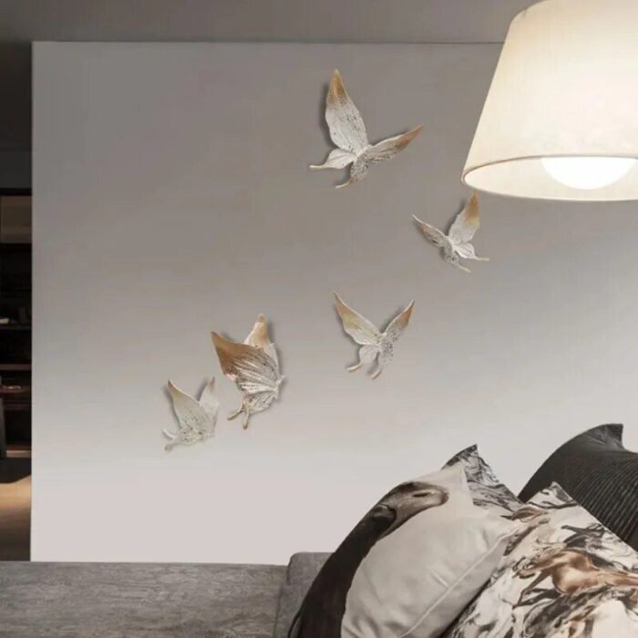 Elegant 5-Piece White & Gold 3D Butterfly Wall Decor - Resin Sculptures for Home - Image 5