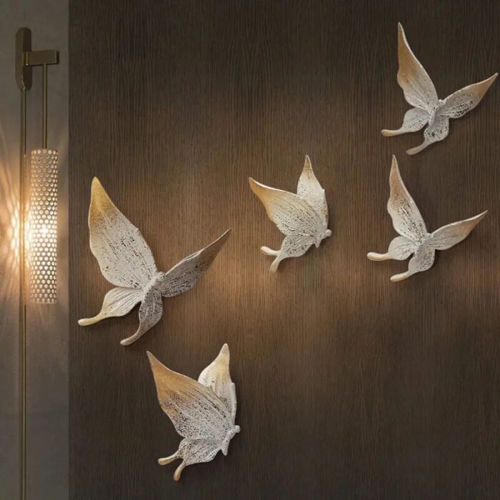 Elegant 5-Piece White & Gold 3D Butterfly Wall Decor - Resin Sculptures for Home - Image 3