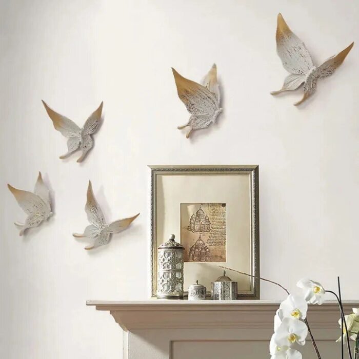 Elegant 5-Piece White & Gold 3D Butterfly Wall Decor - Resin Sculptures for Home - Image 4