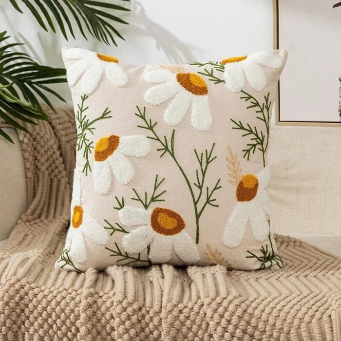 Embroidered Floral Canvas Cushion Cover - Image 2