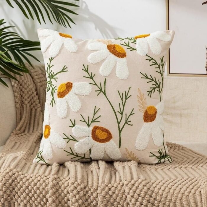 Embroidered Floral Canvas Cushion Cover - Image 1