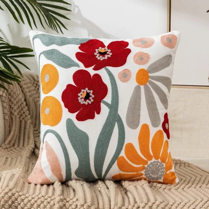 Embroidered Floral Canvas Cushion Cover - Image 6