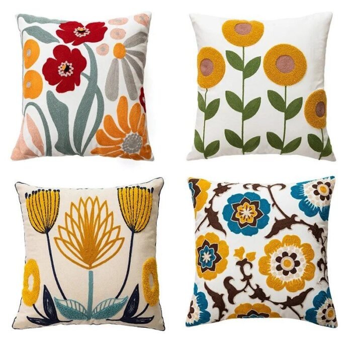 Embroidered Floral Canvas Cushion Cover - Image 7