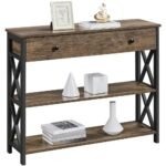 Elegant Taupe Wood and Dark Iron Console Table with Drawer and Shelves - Image 2