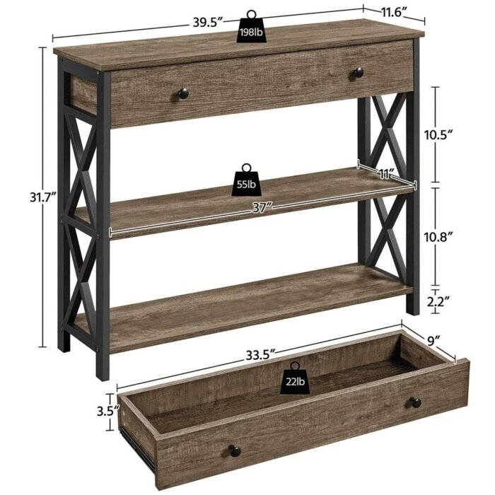 Elegant Taupe Wood and Dark Iron Console Table with Drawer and Shelves - Image 6