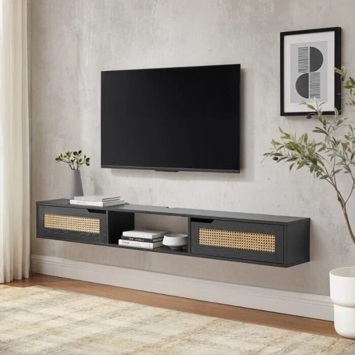 Chic Black Rattan-Door Floating TV Stand for Up to 80-inch TVs - Image 2