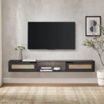 Chic Black Rattan-Door Floating TV Stand for Up to 80-inch TVs - Image 4