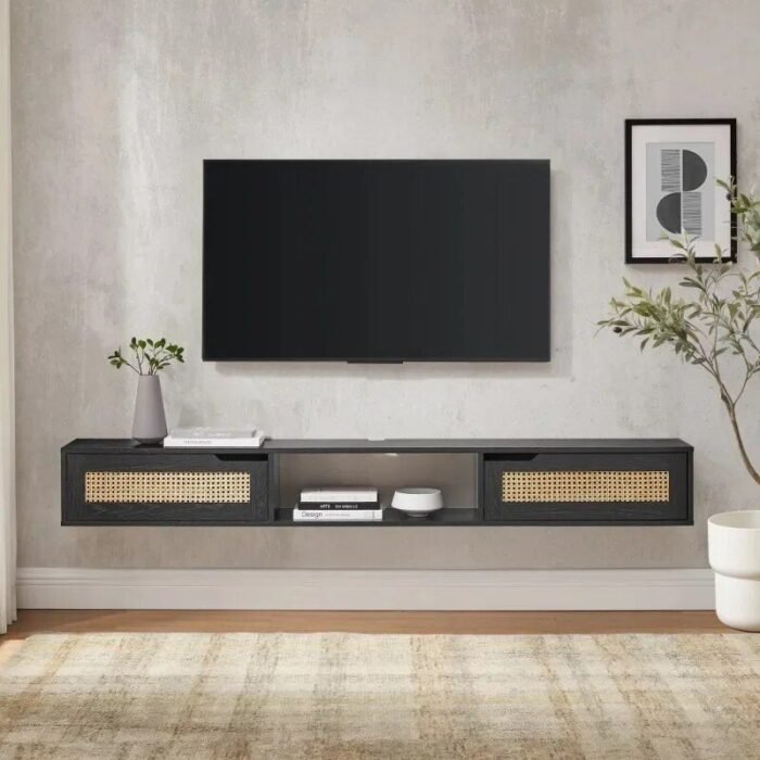 Chic Black Rattan-Door Floating TV Stand for Up to 80-inch TVs - Image 4