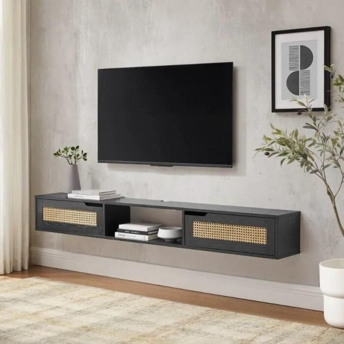 Chic Black Rattan-Door Floating TV Stand for Up to 80-inch TVs - Image 1