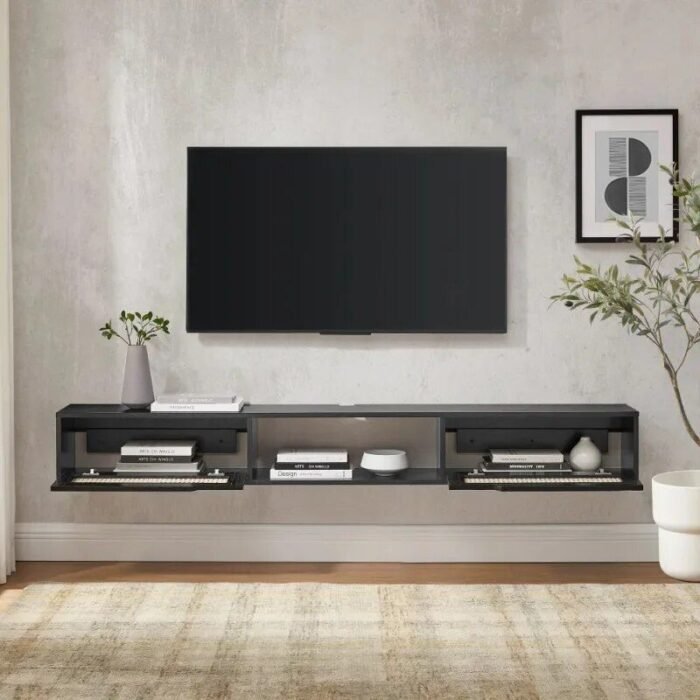 Chic Black Rattan-Door Floating TV Stand for Up to 80-inch TVs - Image 3