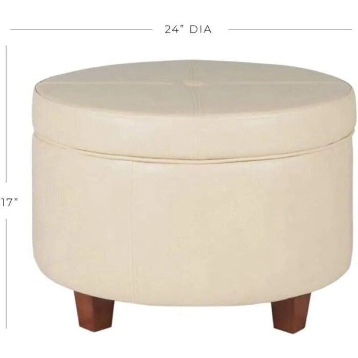 Elegant Ivory Leatherette Round Storage Ottoman - Image 5