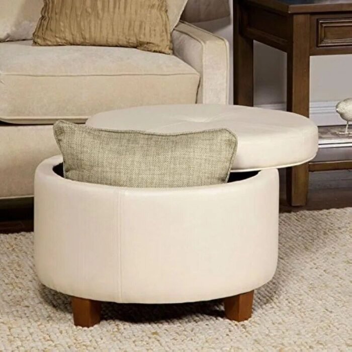 Elegant Ivory Leatherette Round Storage Ottoman - Image 3