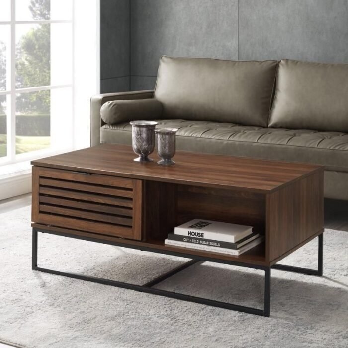 Dark Walnut Contemporary Storage Coffee Table with Slat Doors - Image 1