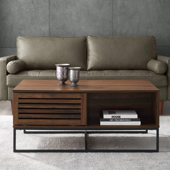 Dark Walnut Contemporary Storage Coffee Table with Slat Doors - Image 3