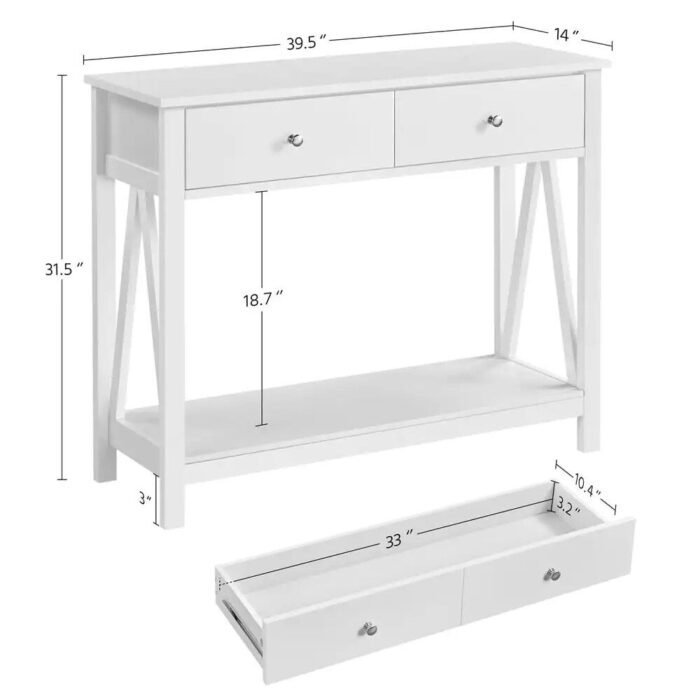 Elegant White Wooden Console Table with Drawers and Shelf - Image 3