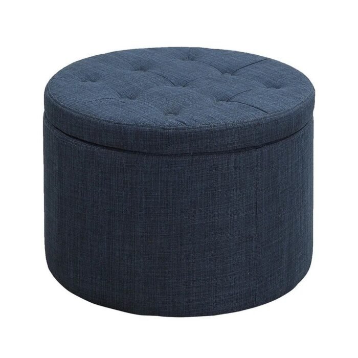 Dark Blue Linen Round Footstool with Shoe Storage - Image 4