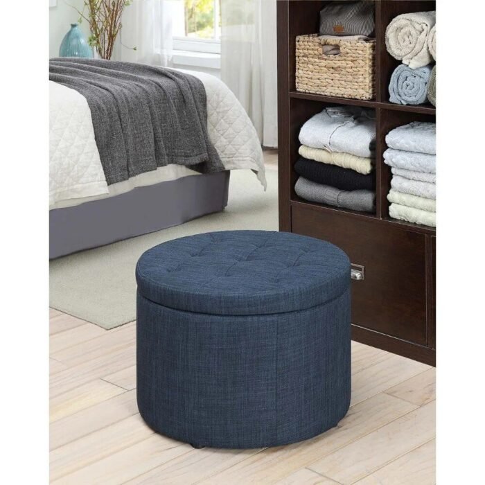 Dark Blue Linen Round Footstool with Shoe Storage - Image 2