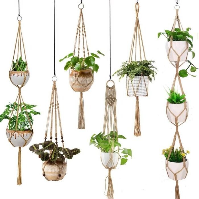 Eco-Friendly Macrame Jute Plant Hanger with Linen Pot Holder and Tray - Image 1