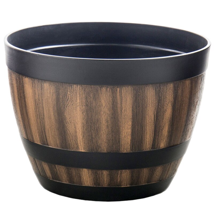 Rustic Faux Wooden Barrel Planter - Durable Plastic Bonsai & Succulent Pot, Retro Outdoor Imitation Planting Box - Image 1