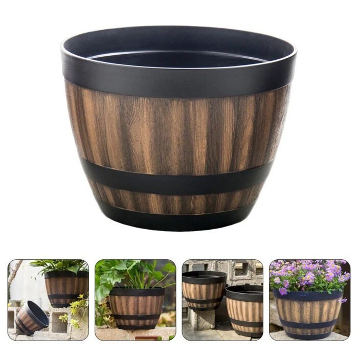 Rustic Faux Wooden Barrel Planter - Durable Plastic Bonsai & Succulent Pot, Retro Outdoor Imitation Planting Box - Image 6