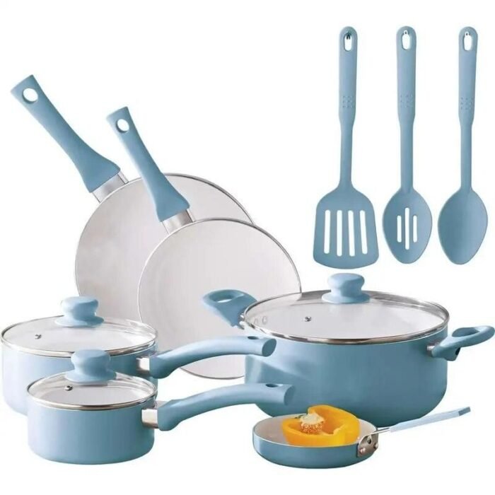 Deluxe Aqua 12-Piece Ceramic Nonstick Cookware Set - Eco-Friendly, Hand Wash Only - Image 1