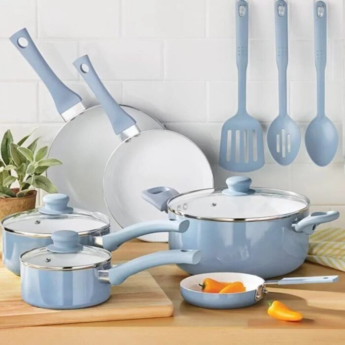 Deluxe Aqua 12-Piece Ceramic Nonstick Cookware Set - Eco-Friendly, Hand Wash Only - Image 3