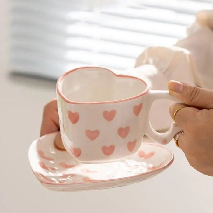 Heart-Shaped Pink Love Ceramic Coffee Cup Set - Image 4
