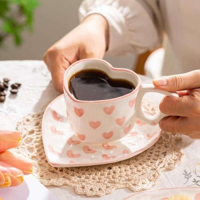Heart-Shaped Pink Love Ceramic Coffee Cup Set - Image 1