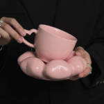 Pink Heart Ceramic Coffee Mug with Saucer - Image 3