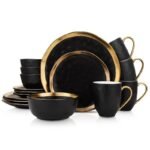 Elegant 16-Piece Gold-Rimmed Black Porcelain Dinnerware Set - Image 2
