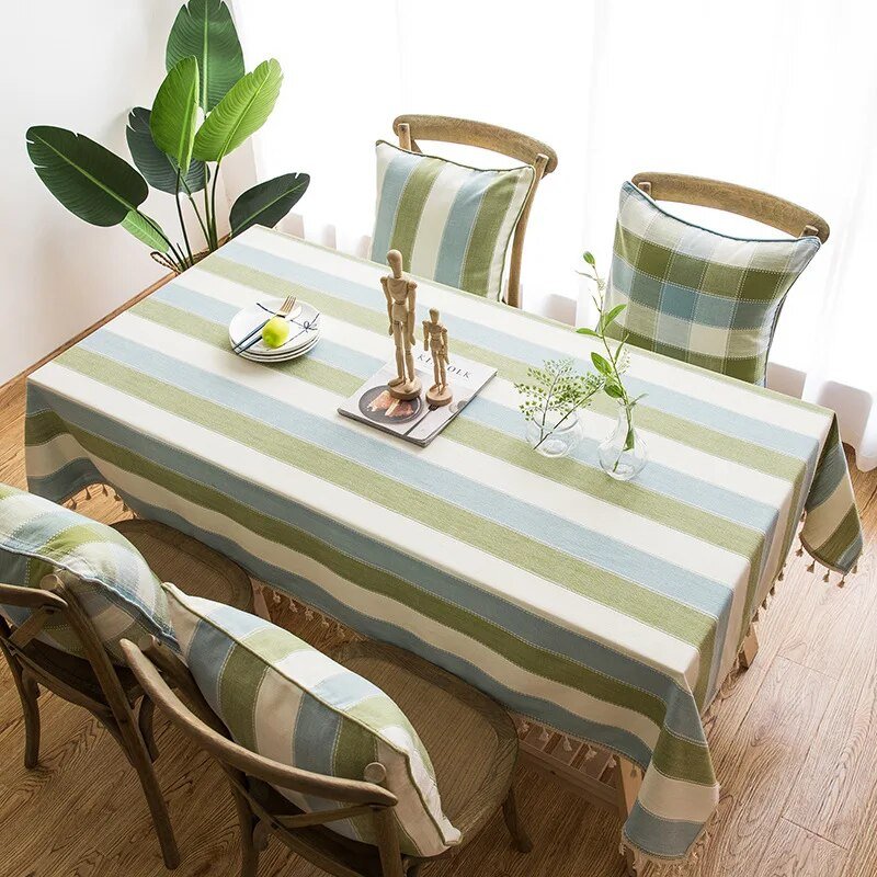 77030-e94661.jpg Green Striped Cotton Linen Tablecloth with Tassel Hem - Image 1