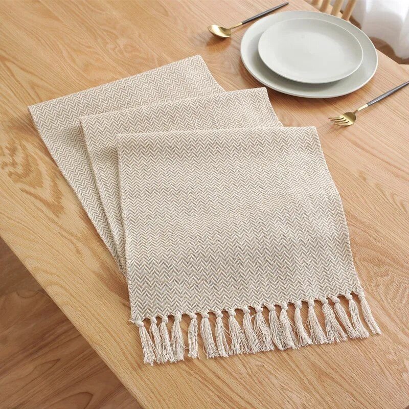 78010-8c6743.jpg Hand-Woven Cotton Linen Table Runner with Tassels - Image 1