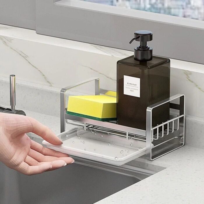 Compact and Durable Stainless Steel Kitchen Organizer – Sink Sponge, Rag, and Brush Holder with Drain Tray - Image 5