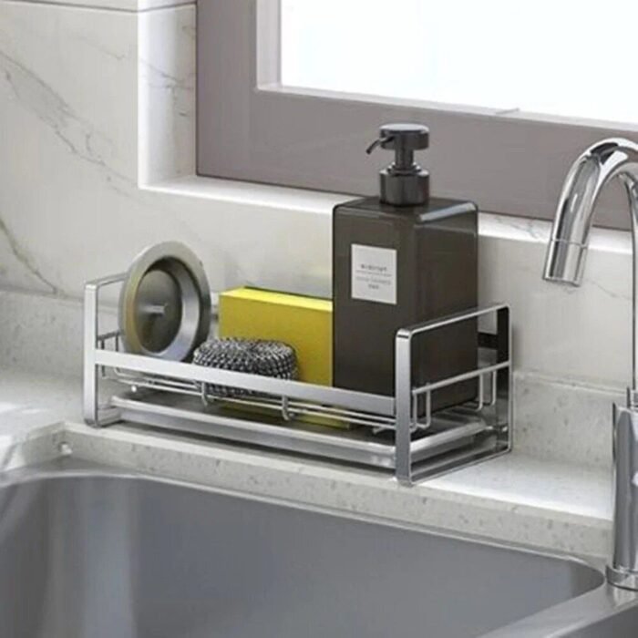 Compact and Durable Stainless Steel Kitchen Organizer – Sink Sponge, Rag, and Brush Holder with Drain Tray - Image 3