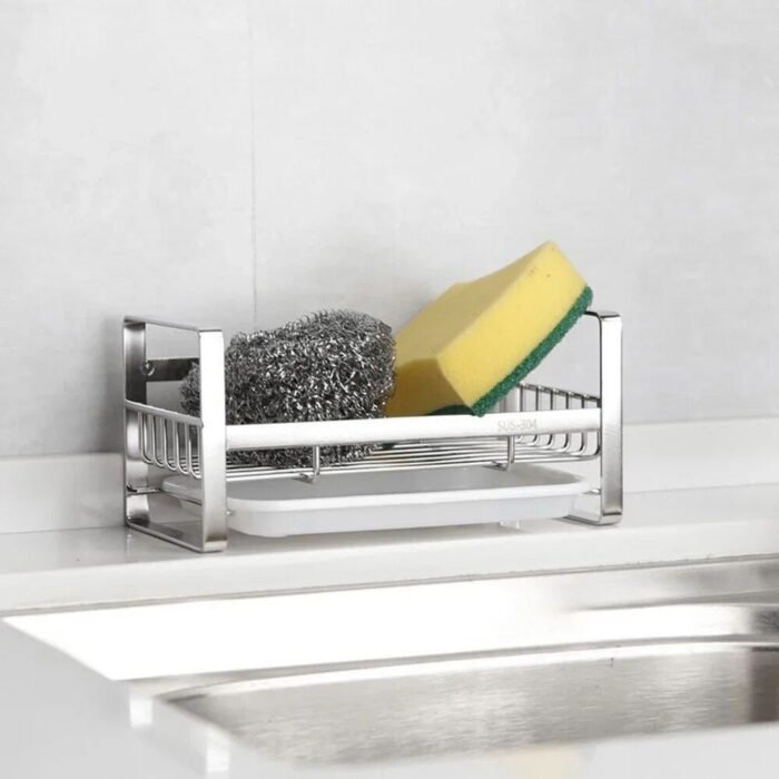 Compact and Durable Stainless Steel Kitchen Organizer – Sink Sponge, Rag, and Brush Holder with Drain Tray - Image 6