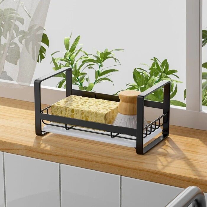 Compact and Durable Stainless Steel Kitchen Organizer – Sink Sponge, Rag, and Brush Holder with Drain Tray - Image 1