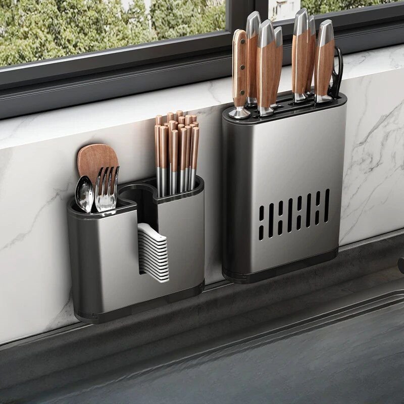 81217-1066f6.jpg Luxury Gun Grey Wall-Mounted Kitchen Rack with Chopstick and Knife Holder - Image 1