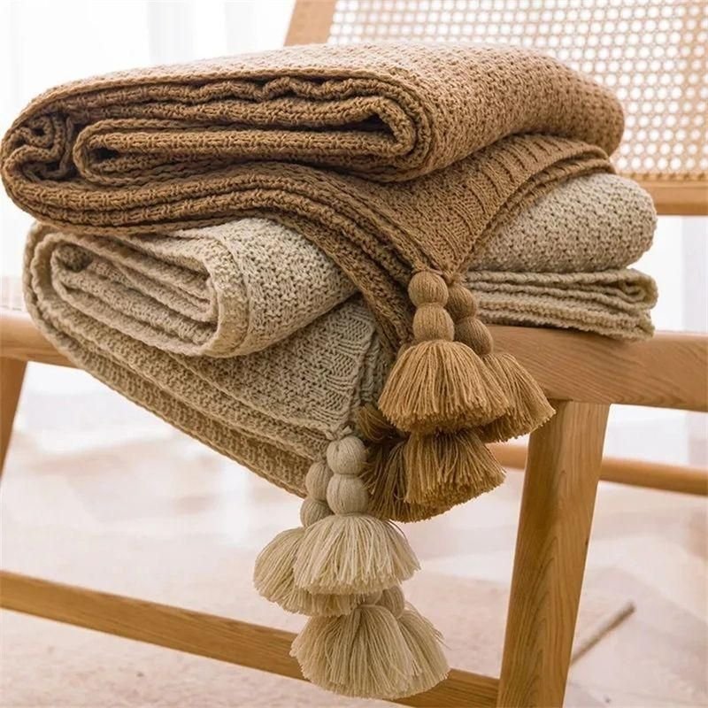 85824-c6cecd.jpeg Luxurious Chunky Knit Tasseled Throw Blanket - Soft Acrylic Waffle Embossed Bedspread - Image 1