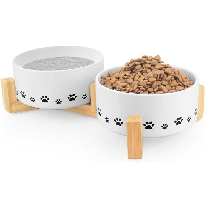 Elevated Ceramic Pet Bowls with Anti-Slip Wooden Stand - Image 1