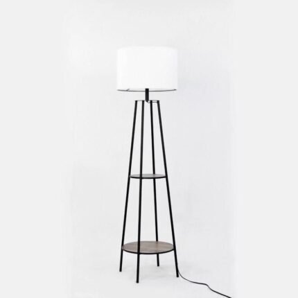 Elegant Black Floor Lamp with Wooden Shelves and LED Bulb