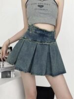 High Waist Denim Pleated Mini Skirt | Vintage A-Line Streetwear - Image 2